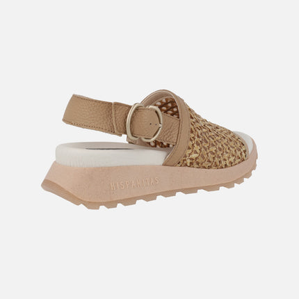 Sandals with wide raffia strap and heel strap with buckle