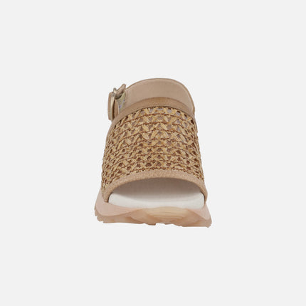 Sandals with wide raffia strap and heel strap with buckle