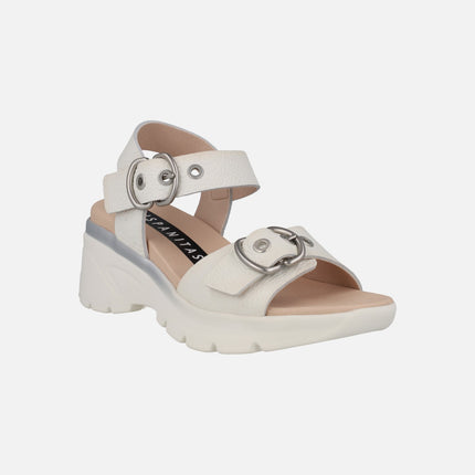 White leather sandals with buckle detail and medium wedge