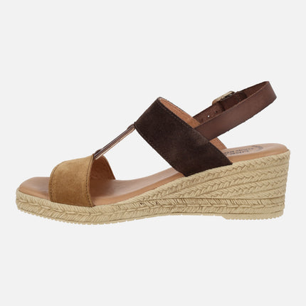 Brown combi suede sandals with wedge imitating raffia
