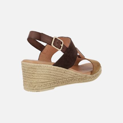 Brown combi suede sandals with wedge imitating raffia