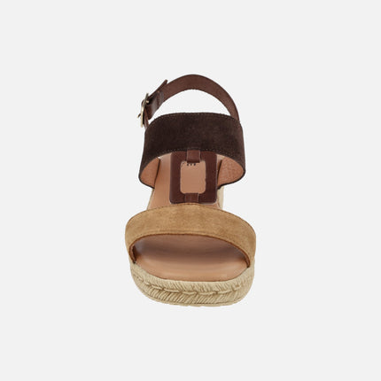 Brown combi suede sandals with wedge imitating raffia