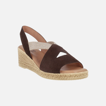 Chocolate brown suede sandals with wedge and elastics