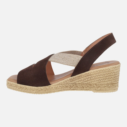 Chocolate brown suede sandals with wedge and elastics