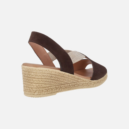 Chocolate brown suede sandals with wedge and elastics