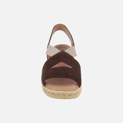 Chocolate brown suede sandals with wedge and elastics