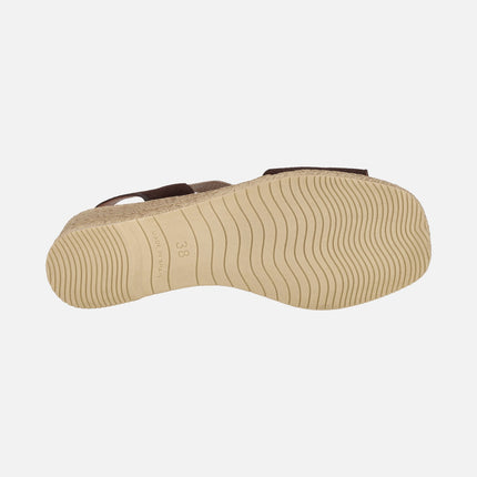 Chocolate brown suede sandals with wedge and elastics