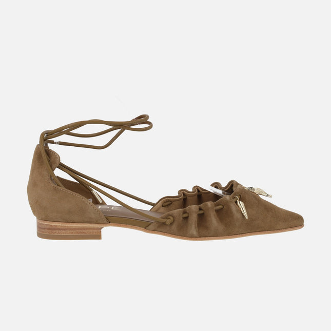 Audrey ballerinas in camel suede with ribbons to tie and gold charms