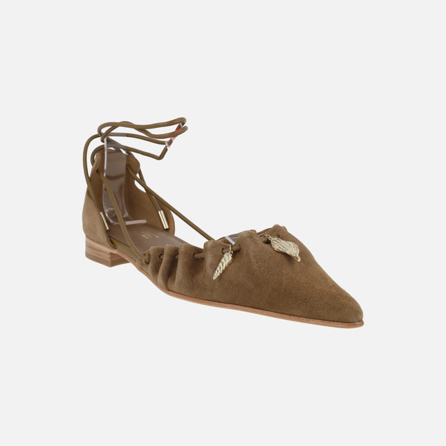 Audrey ballerinas in camel suede with ribbons to tie and gold charms