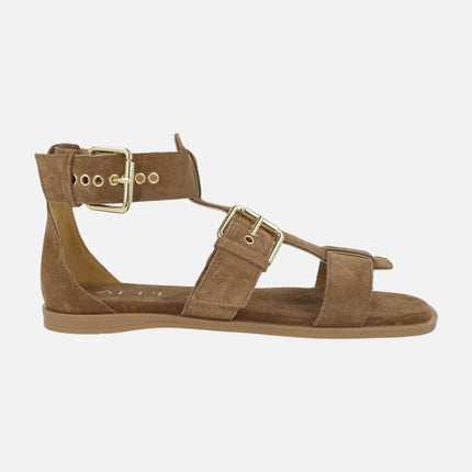 Sandalias Sheila en serraje cuero con hebillas y pulsera al tobillo