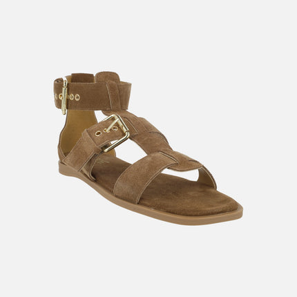 Sandalias Sheila en serraje cuero con hebillas y pulsera al tobillo
