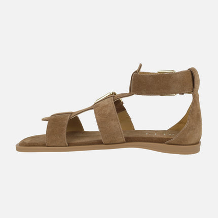 Sandalias Sheila en serraje cuero con hebillas y pulsera al tobillo