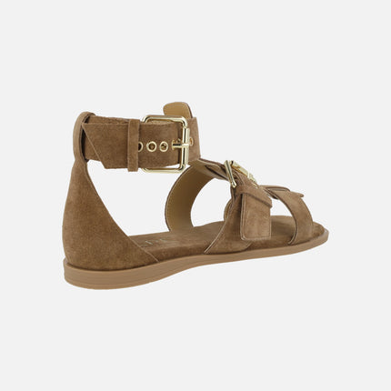 Sandalias Sheila en serraje cuero con hebillas y pulsera al tobillo