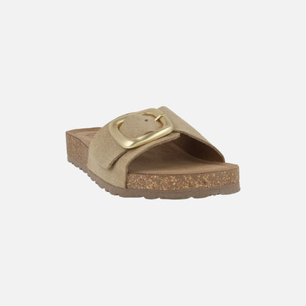 Sandalias Jerba-114 Mushroom en serraje beige con hebilla dorada