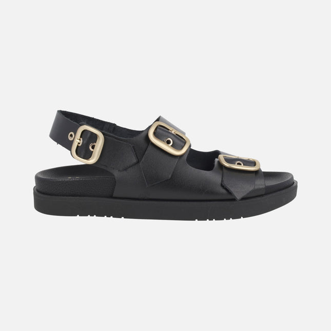 Sandalias negras de piel con 3 hebillas doradas Morena 253