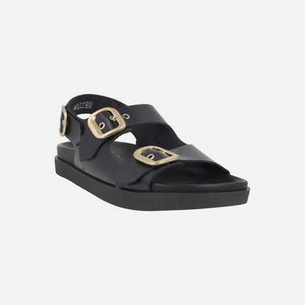 Sandalias negras de piel con 3 hebillas doradas Morena 253