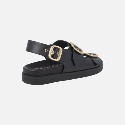 Sandalias negras de piel con 3 hebillas doradas Morena 253