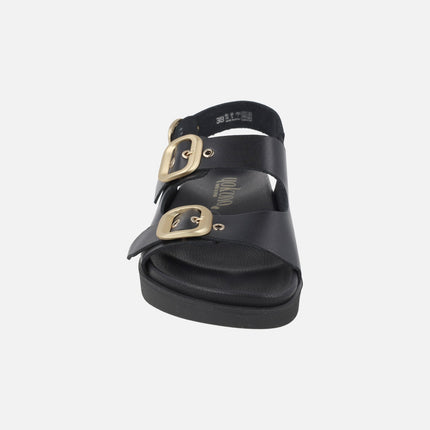 Sandalias negras de piel con 3 hebillas doradas Morena 253