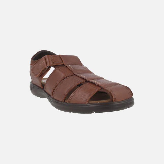 Brown leather sandals for men with velcro closure Dozer