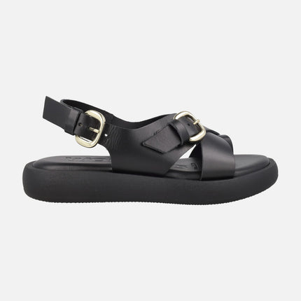 Sandalias negras de piel con pieza para dedo y hebillas Horizon 32