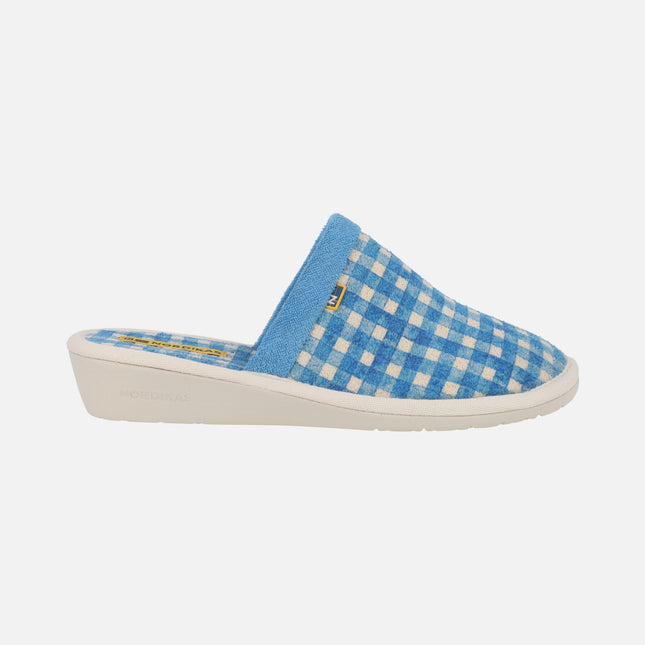 Zapatillas de casa descalzas para mujer con estampado de cuadros azules