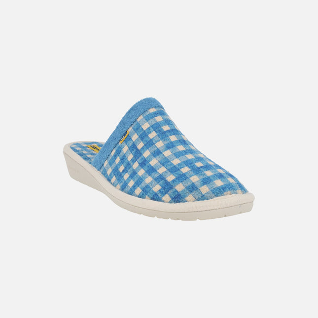 Zapatillas de casa descalzas para mujer con estampado de cuadros azules