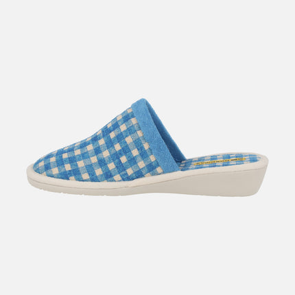 Women's House Slippers with Blue Plaid Print