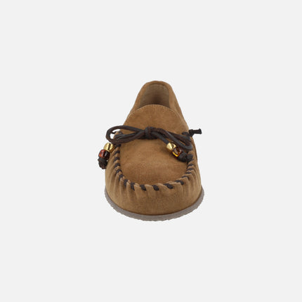 Mocasines de ante para mujer con detalle de lazo y pespuntes