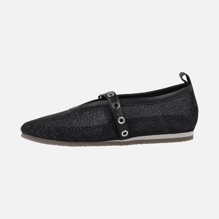 Black ballerinas in mesh fabric with bracelet and buckle