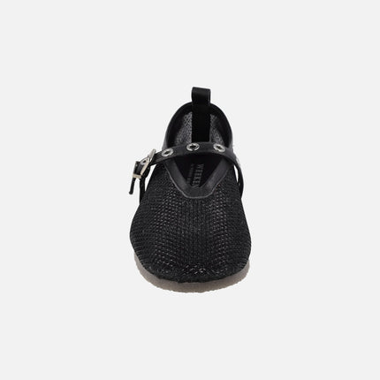 Black ballerinas in mesh fabric with bracelet and buckle