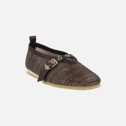 Black ballerinas in mesh fabric with bracelet and buckle