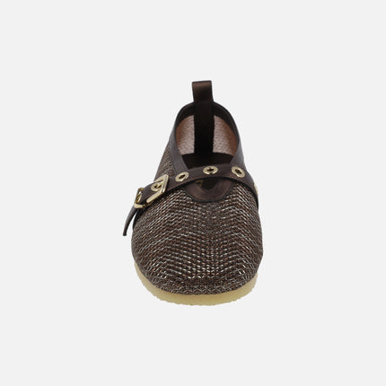 Black ballerinas in mesh fabric with bracelet and buckle