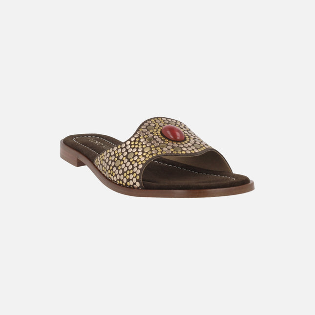 Flat sandals with studs and rhinestones