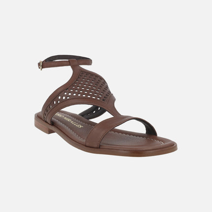 Dicomano brown leather sandals with mesh effect openwork