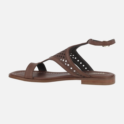 Dicomano brown leather sandals with mesh effect openwork