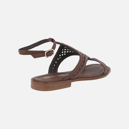 Dicomano brown leather sandals with mesh effect openwork
