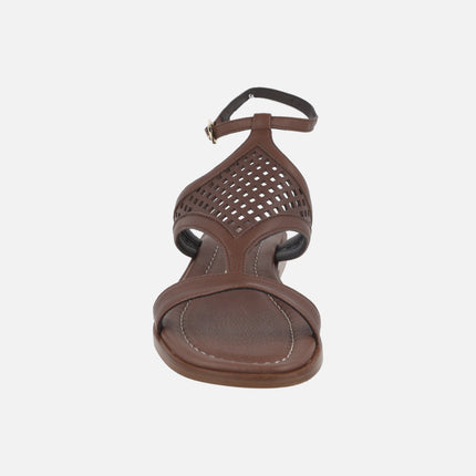 Dicomano brown leather sandals with mesh effect openwork