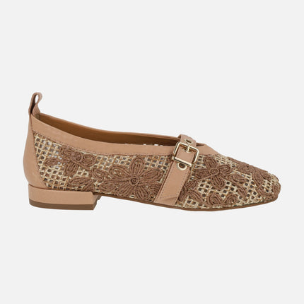 Ballerinas with braided raffia design and floral motifs