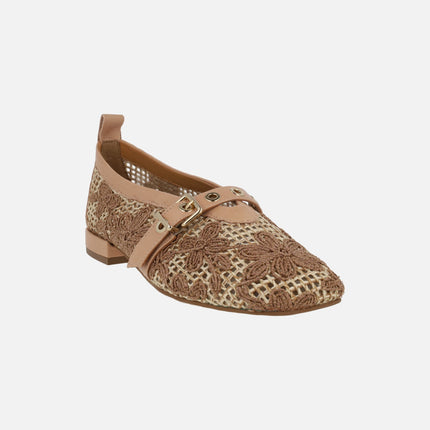 Ballerinas with braided raffia design and floral motifs