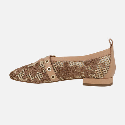 Ballerinas with braided raffia design and floral motifs