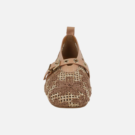 Ballerinas with braided raffia design and floral motifs