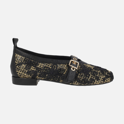 Ballerinas with braided raffia design and floral motifs