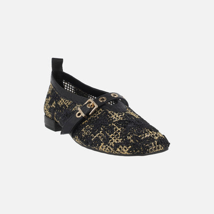 Ballerinas with braided raffia design and floral motifs
