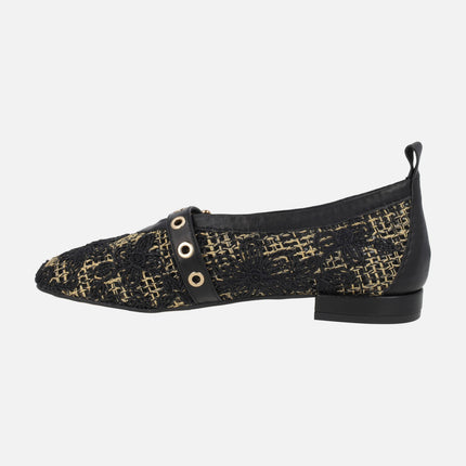 Ballerinas with braided raffia design and floral motifs