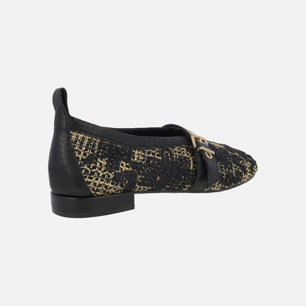 Ballerinas with braided raffia design and floral motifs