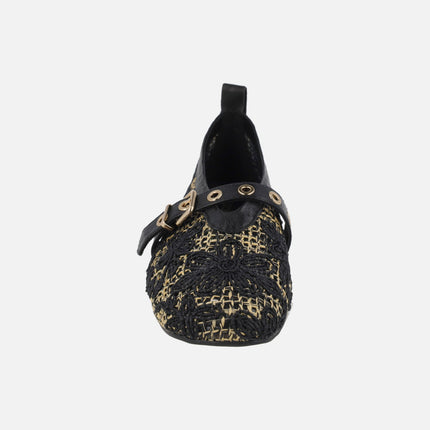 Ballerinas with braided raffia design and floral motifs