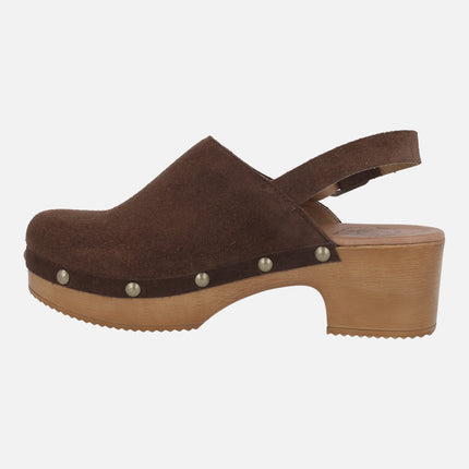 Dark brown suede clogs with heel strap