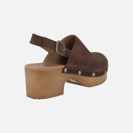 Dark brown suede clogs with heel strap