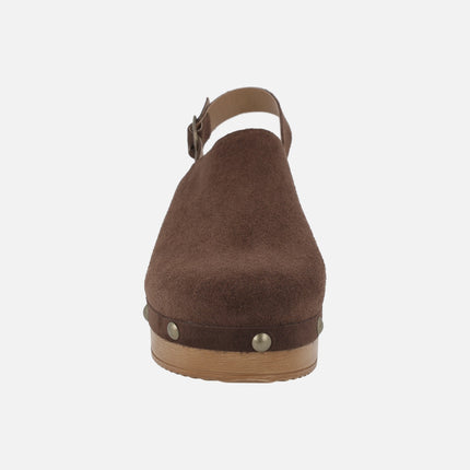 Dark brown suede clogs with heel strap