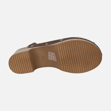 Dark brown suede clogs with heel strap